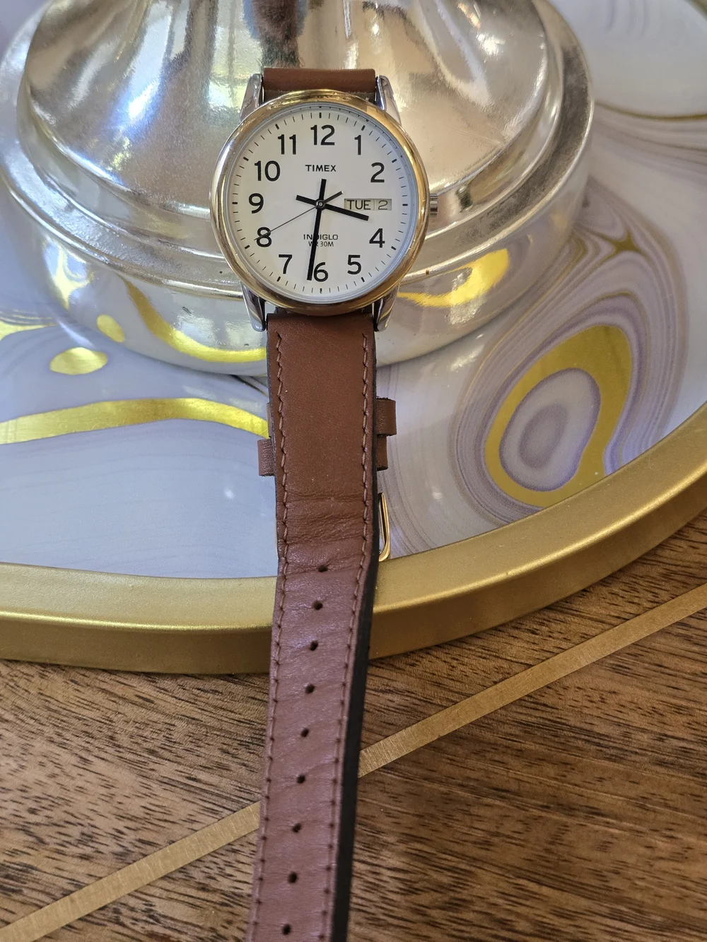 Timex White Dial Brown Leather Strap Day-Date Watch